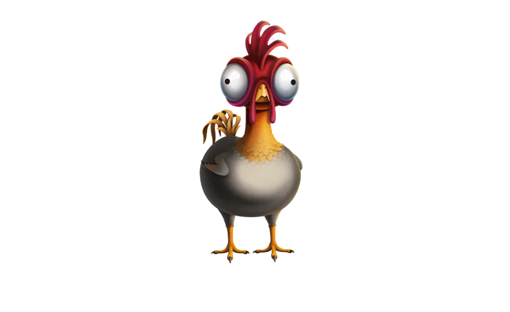 Chicken Crash mascot — a wide-eyed cartoon rooster