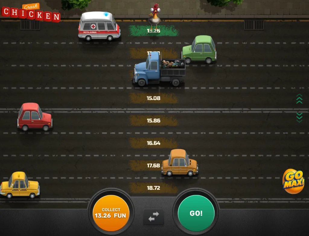 Chicken Crash round in progress with a 14.43 FUN collect option available