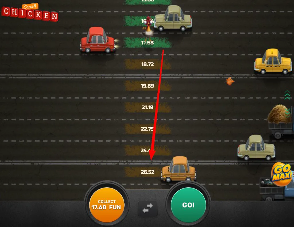 Chicken Crash demo screen with multiplier lanes from 15.08 to 26.52