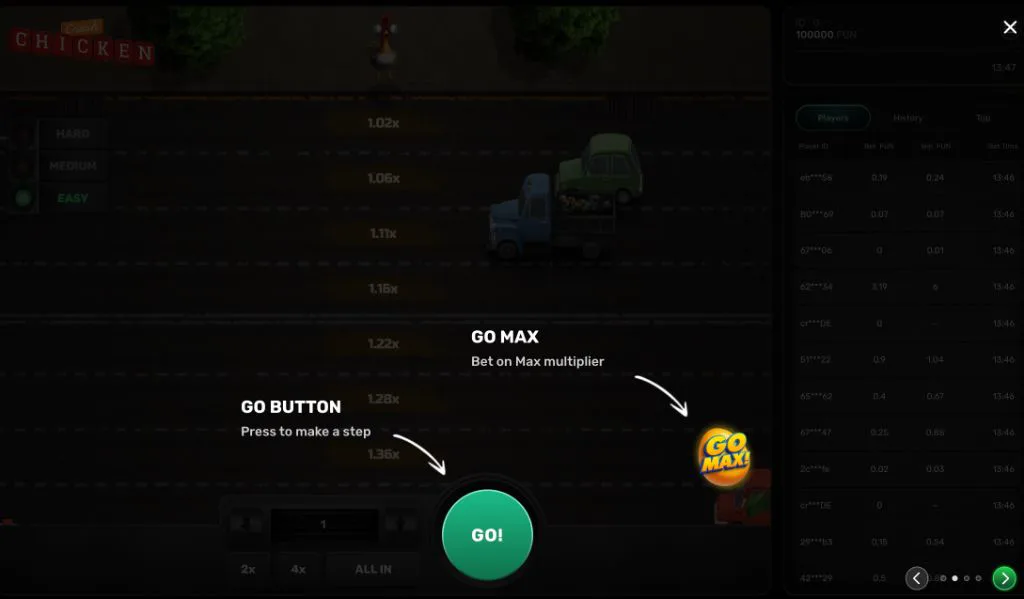 GO button and GO MAX option explained in the Chicken Crash tutorial