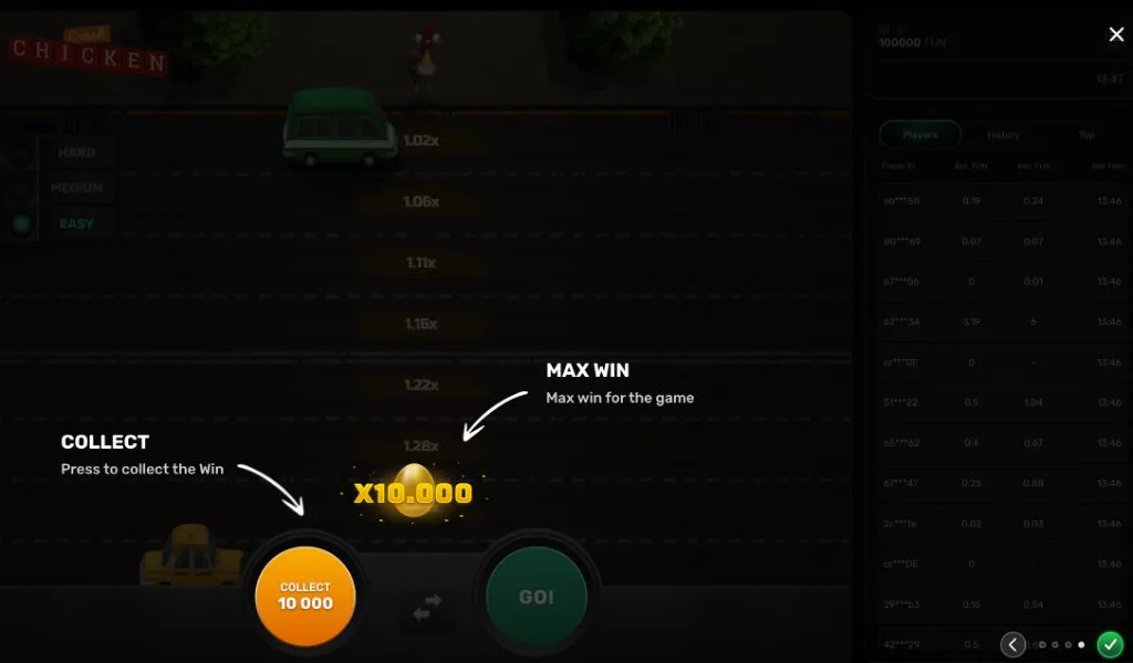 Collect button and x10,000 golden egg max win in Chicken Crash