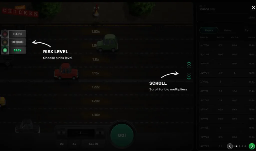 Risk level selector in Chicken Crash: Hard, Medium and Easy traffic lights