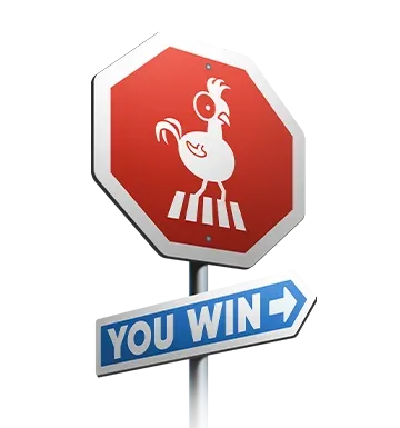 YOU WIN road sign with the Chicken Crash rooster crossing symbol